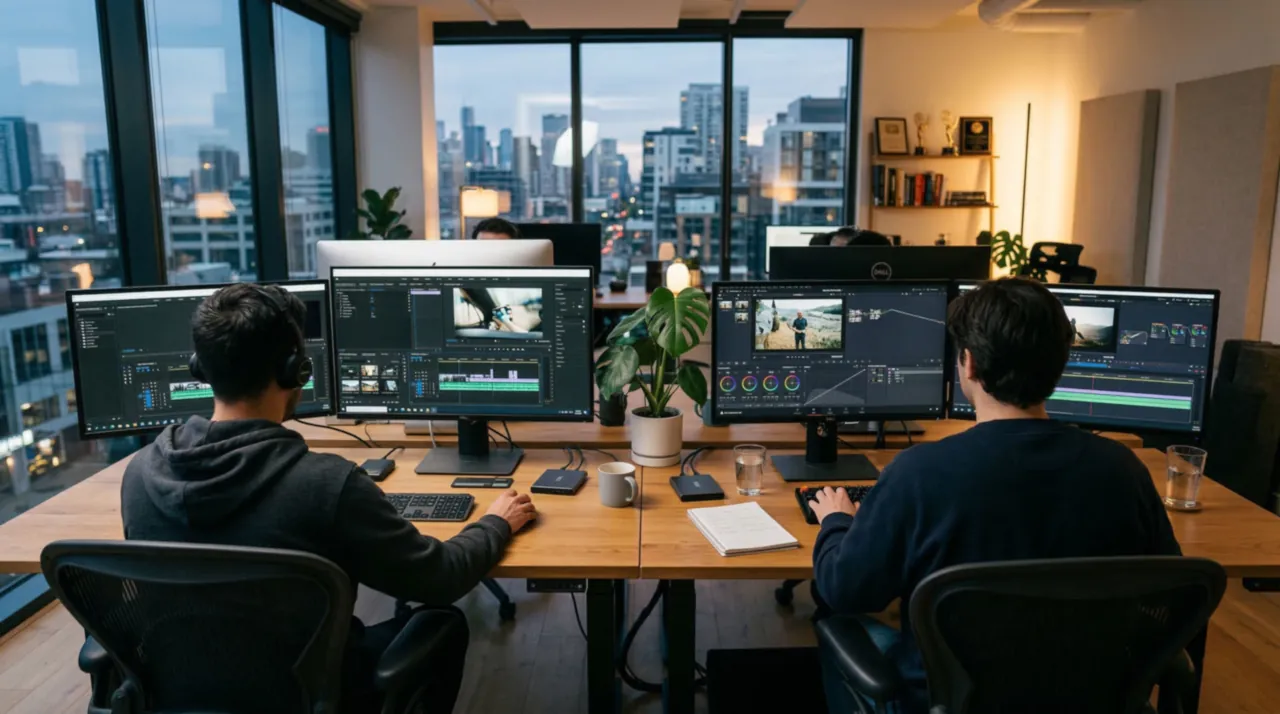 [Image de Bureau de monteur vidéo en action]